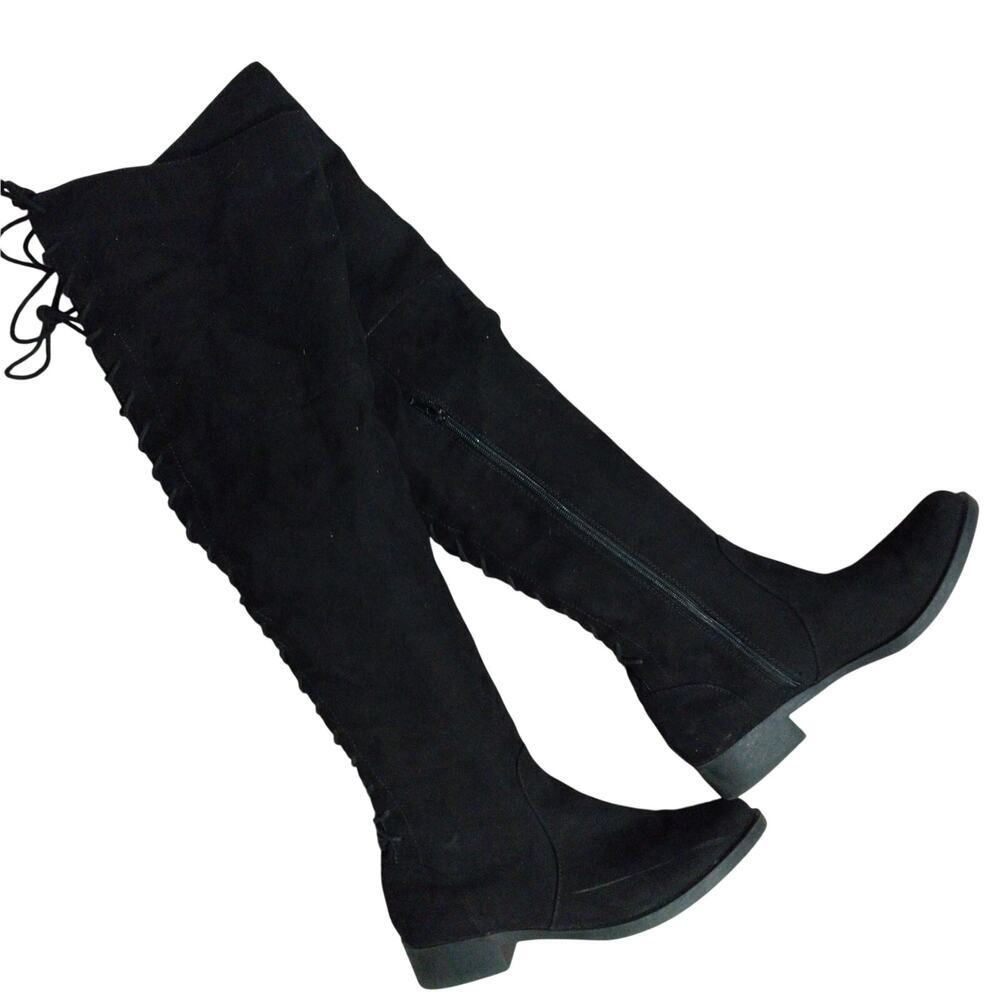 SHOEDAZZLE! BLACK VEGAN LEATHER LACED BACK SIDE ZIPPER OVER THE KNEE BOOTS! 8.5M